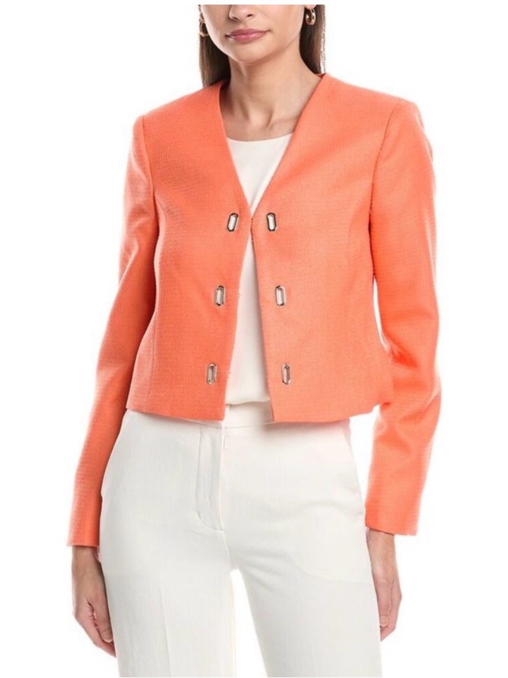 Tahari | Bright Guava Orange | Boucle Blazer Jacket with Gold Closure